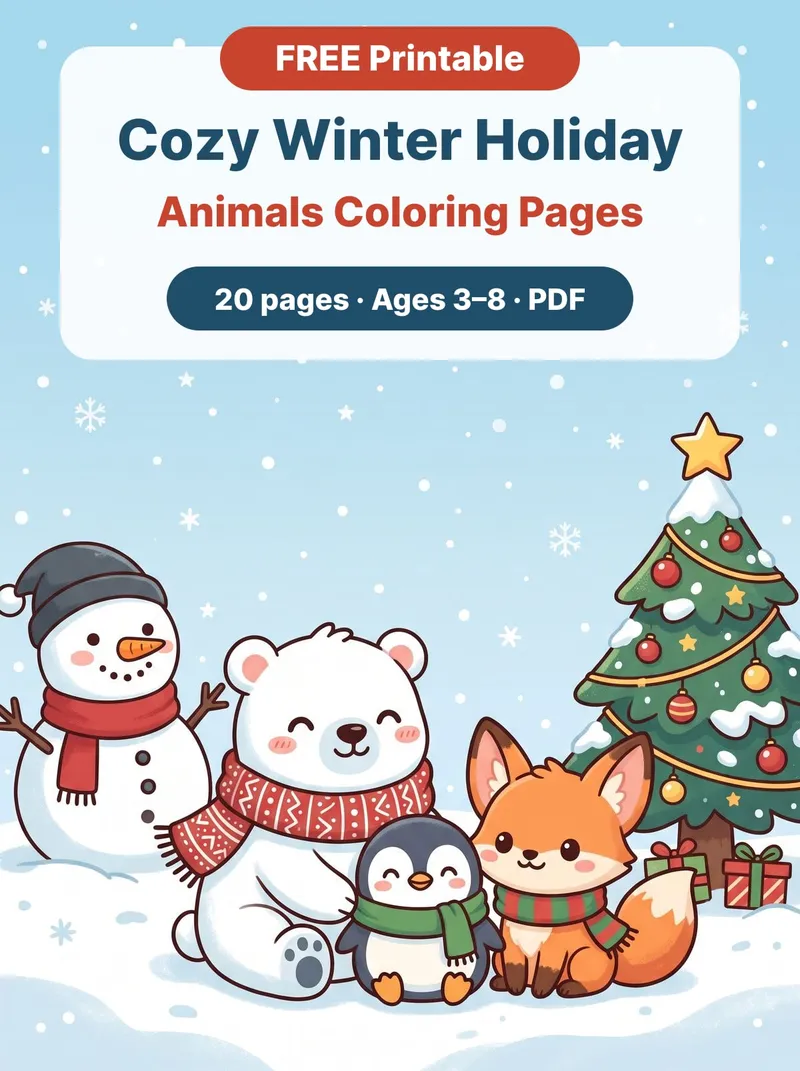 Cozy Winter Holiday Animals Coloring Pages, free printable PDF