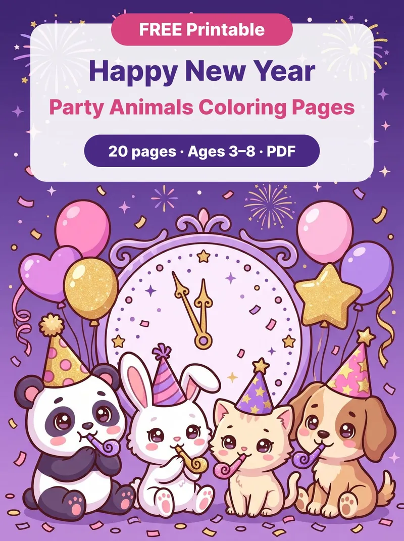 Happy New Year Party Animals Coloring Pages, free printable PDF