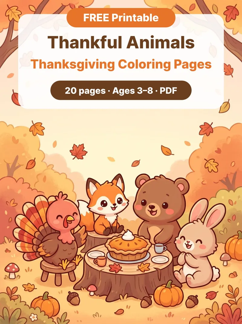 Thankful Animals Thanksgiving Coloring Pages, free printable PDF
