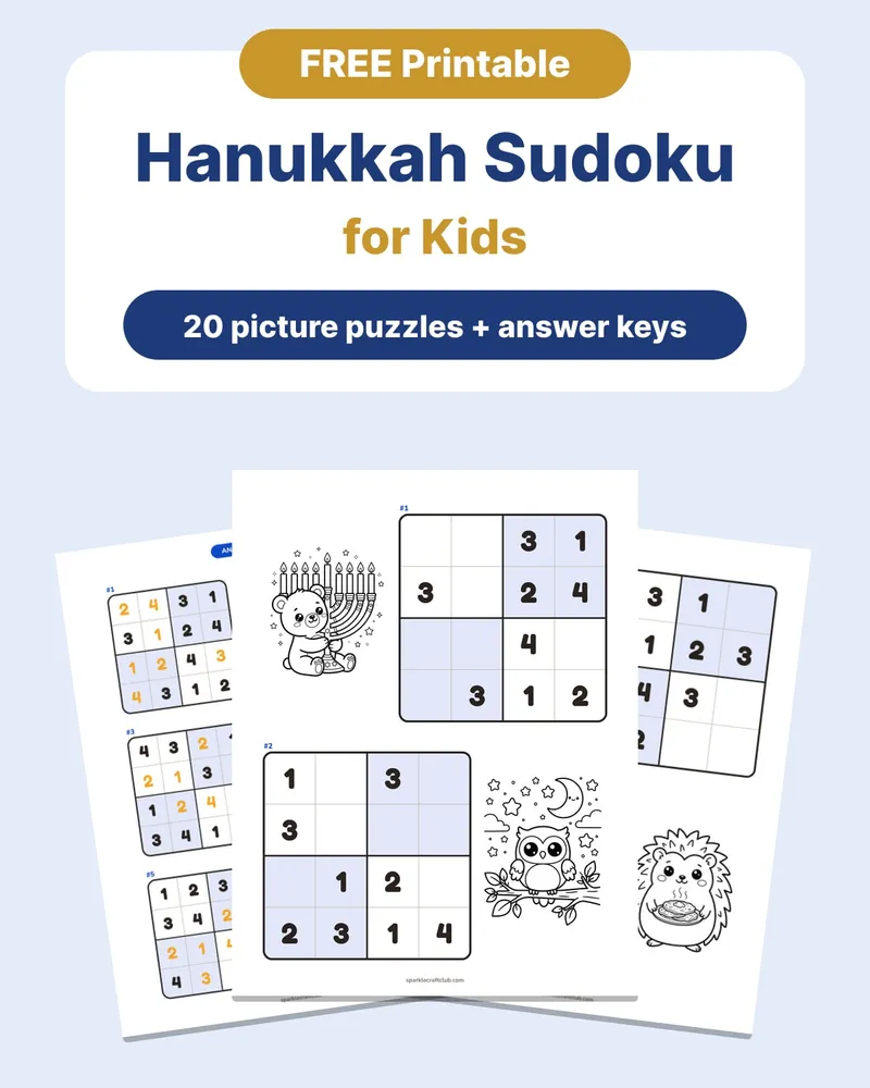 Hanukkah Sudoku for Kids: 4x4 Picture Puzzles, free printable PDF
