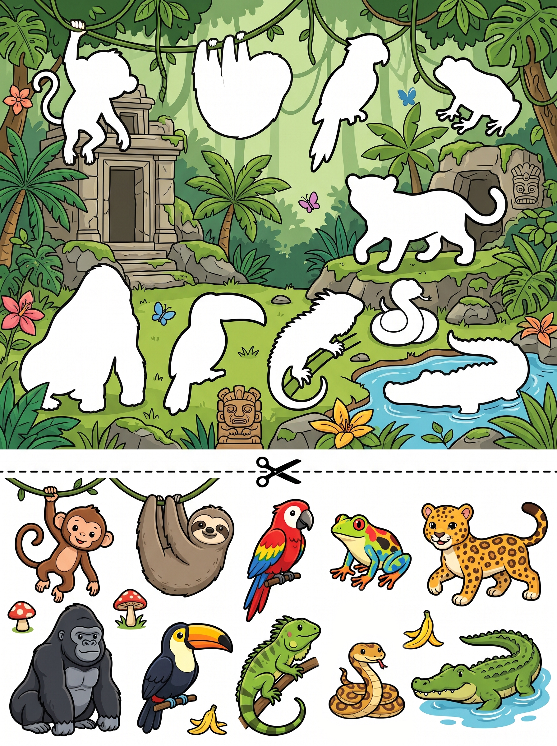 Jungle Animals: Match & Paste Activity Sheet, free printable PDF