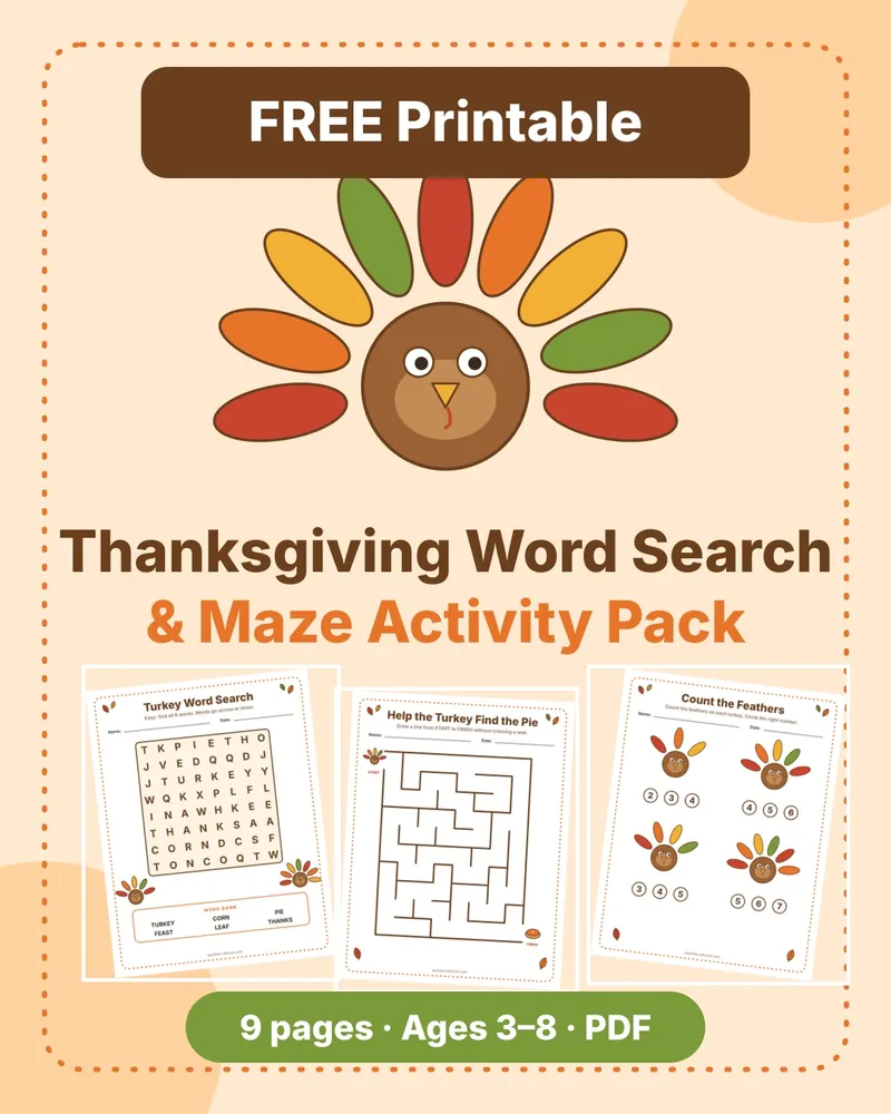Thanksgiving Word Search & Maze Activity Pack, free printable PDF