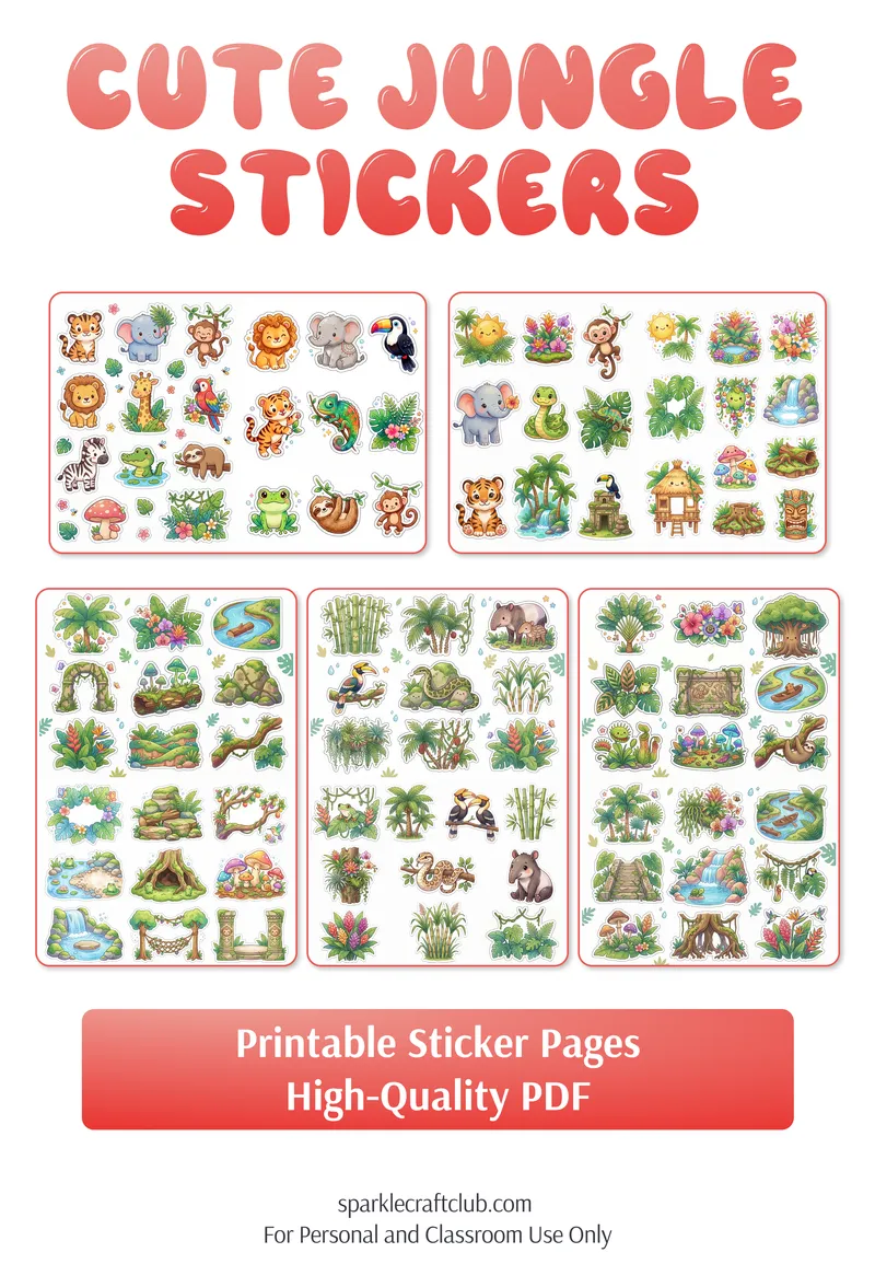 Cute Jungle Animals Printable Stickers Pack, free printable PDF