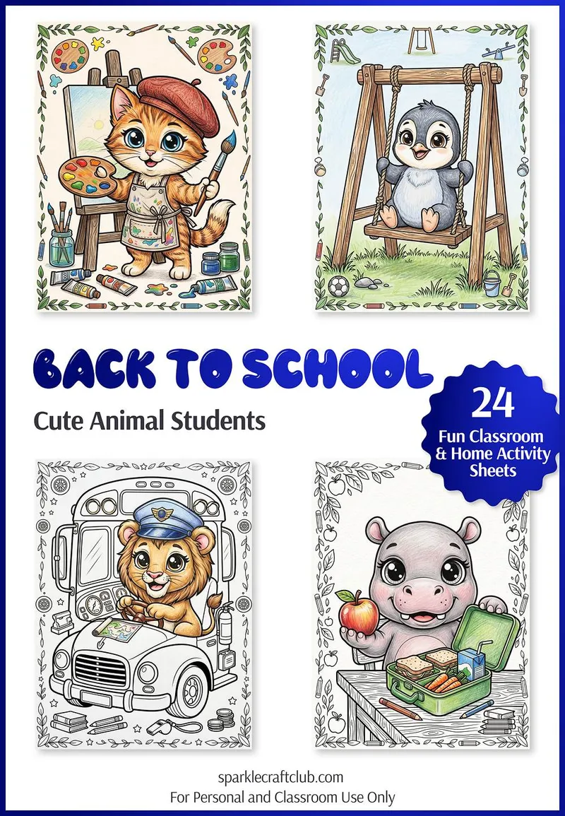 Back to School Cute Animal Students Coloring Pages, free printable PDF