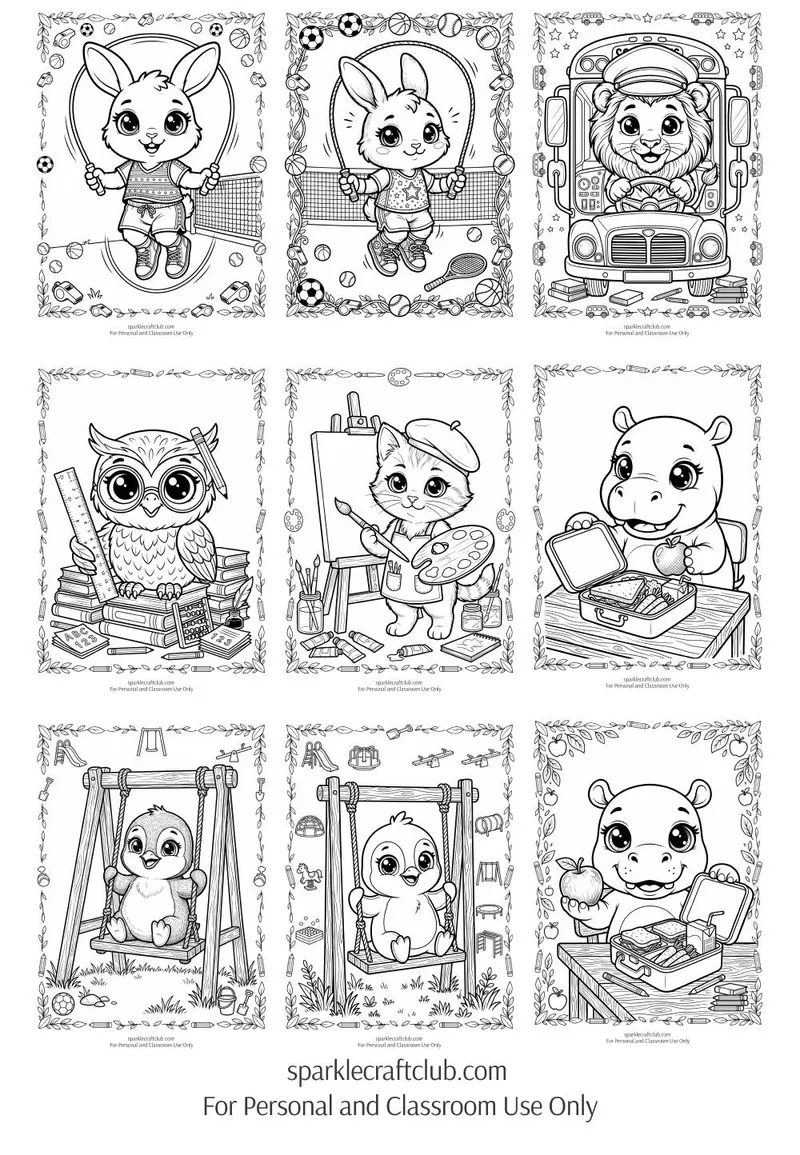 Back to School Cute Animal Students Coloring Pages, page preview 2
