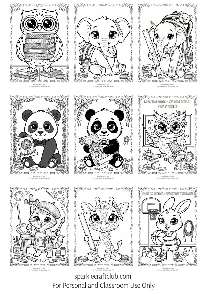 Back to School Cute Animal Students Coloring Pages, page preview 3
