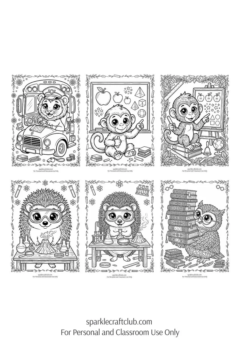 Back to School Cute Animal Students Coloring Pages, page preview 4