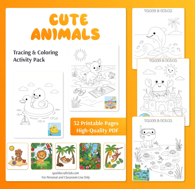 Cute Animals Tracing & Coloring Activity Pack, free printable PDF