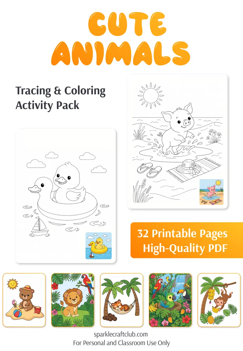 Cute Animals Tracing & Coloring Activity Pack, free printable PDF