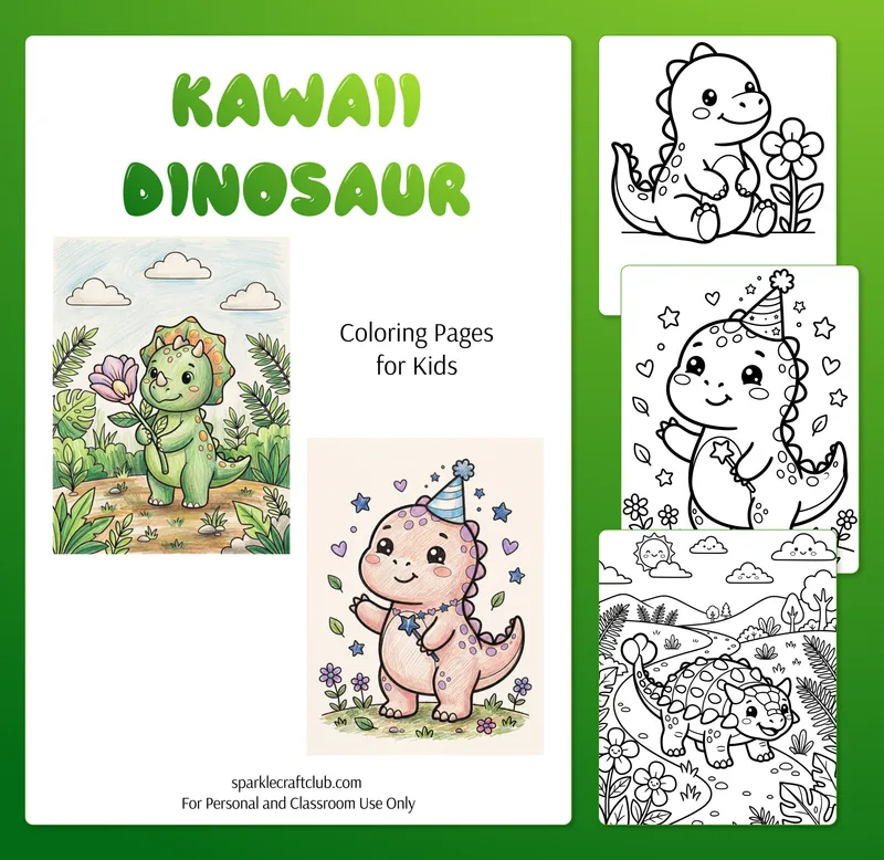 Kawaii Dinosaur Coloring Pack, free printable PDF