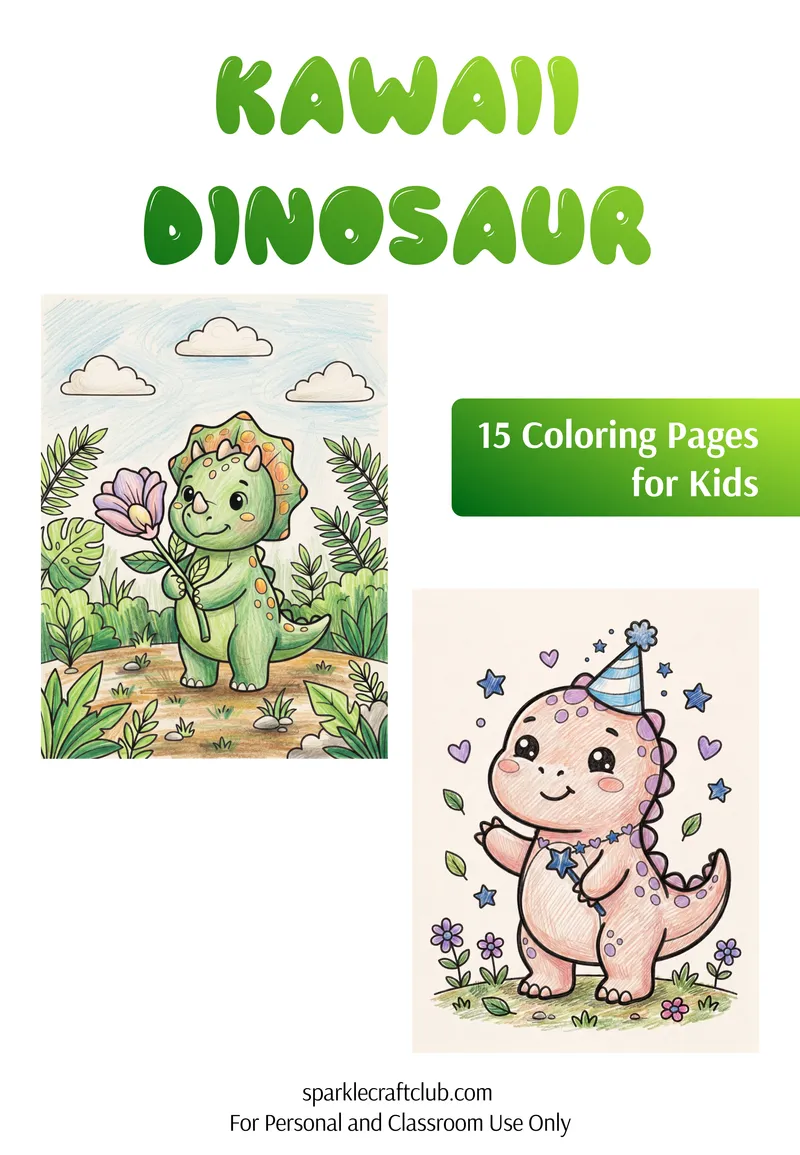 Kawaii Dinosaur Coloring Pack, free printable PDF