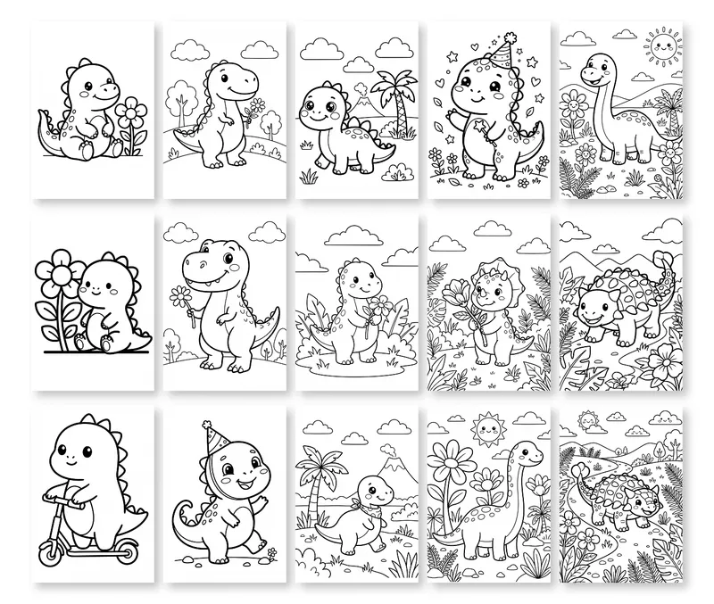 Kawaii Dinosaur Coloring Pack, page preview 2